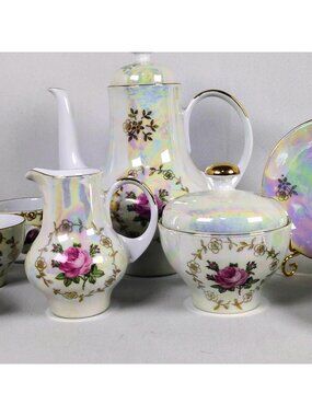 Kahla GDR Demitasse Set 17pc Iridescent Pink Rose Gold 1950s